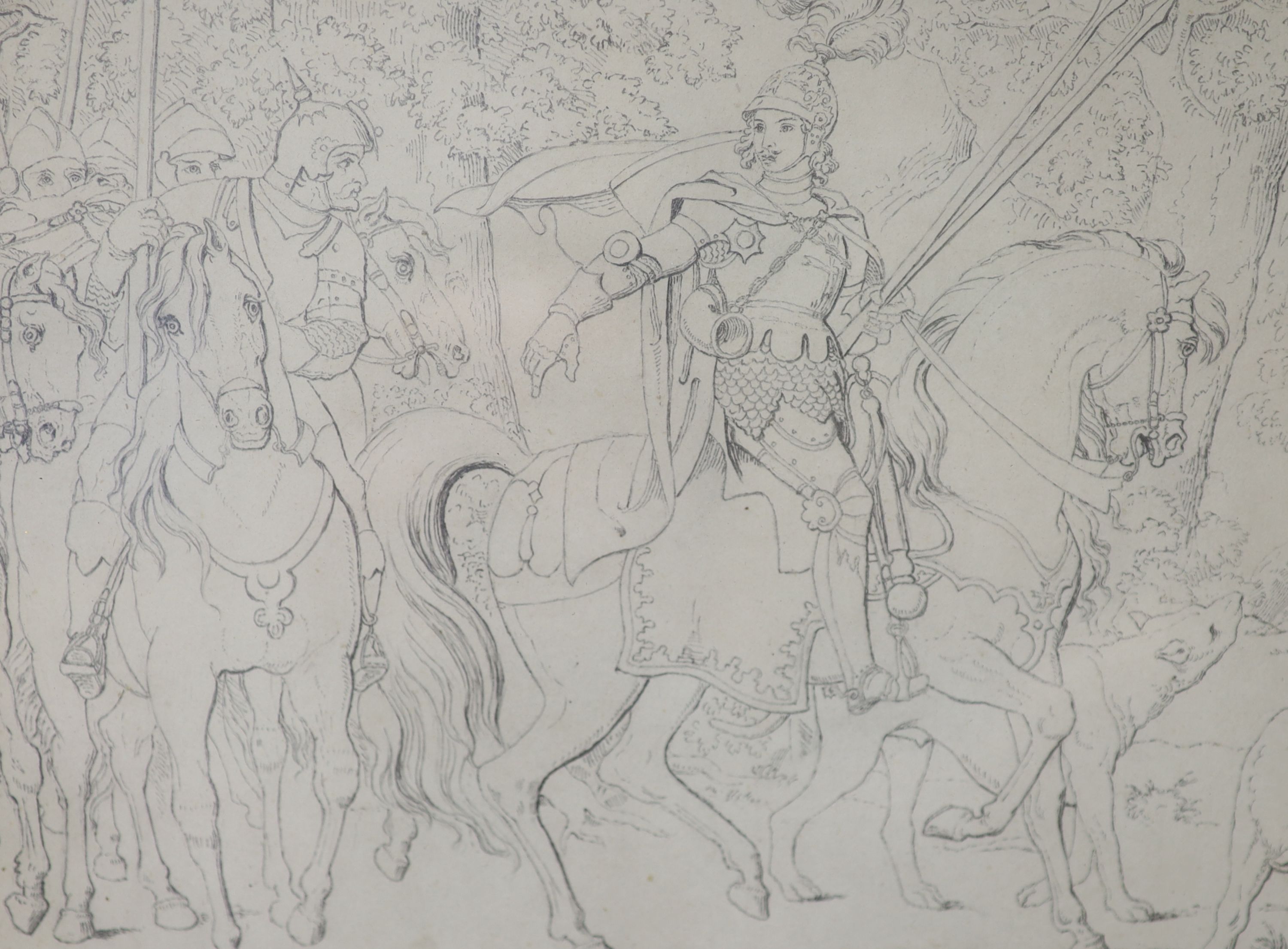 A trio of European figural group studies in the classical style, Romantically presented soldiers on horseback together with a study of figures and livestock fleeing from a dragon, pencil on paper, 16 x 22 cm (3).